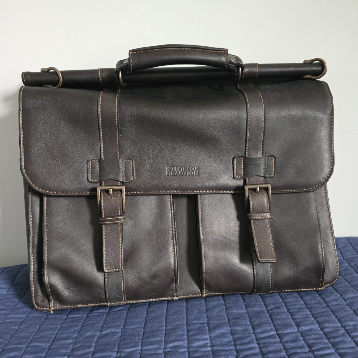 Kenneth Cole Reaction Brown Leather Briefcase, Adjustable Strap