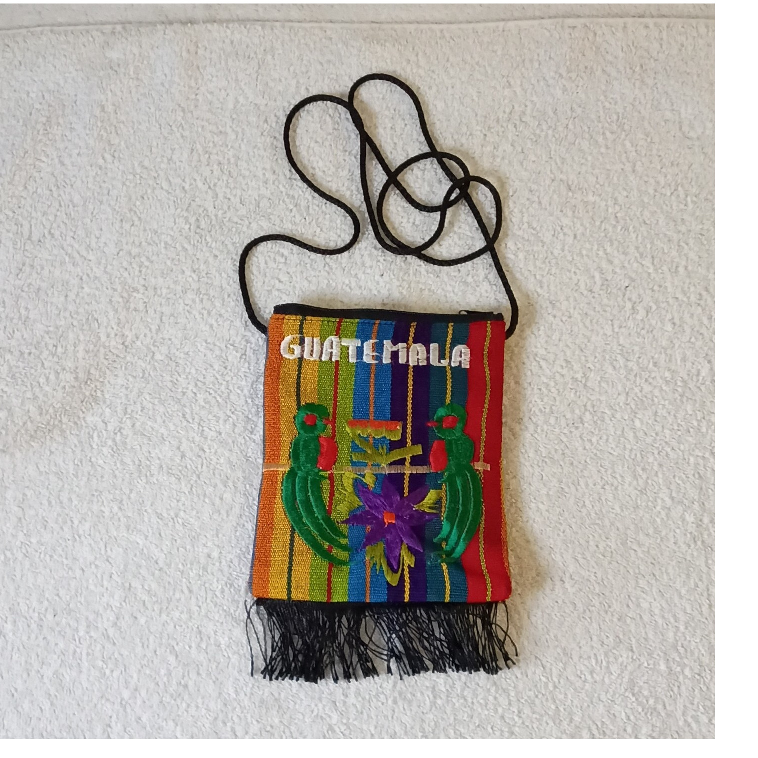 Guatemala Striped Crossbody Bag Zip Closure Embroidered Parrot Adjustable Strap