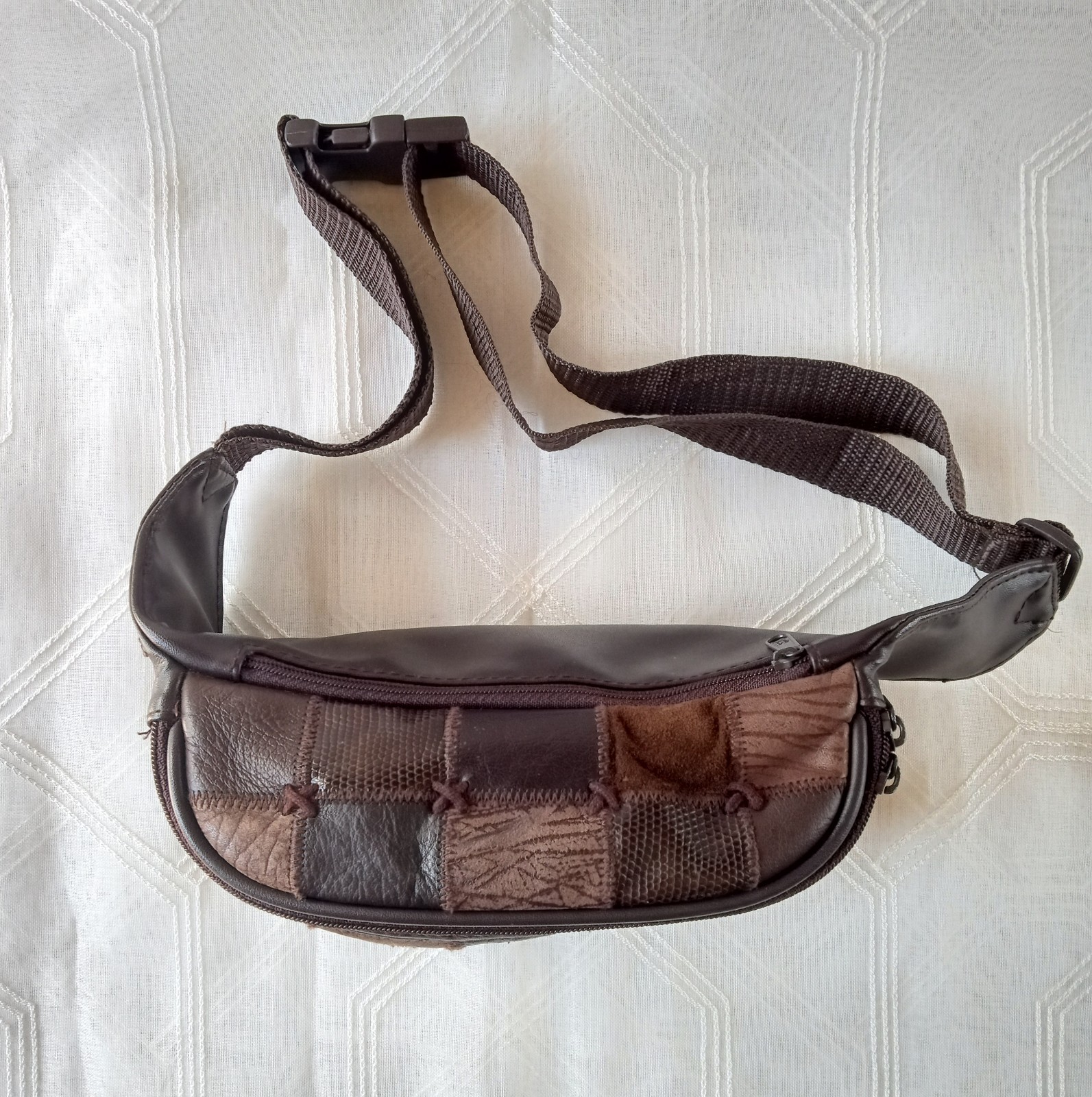 Vintage Brown Genuine Leather Patchwork Belt Bag Fanny Pack W/ Adjustable Strap