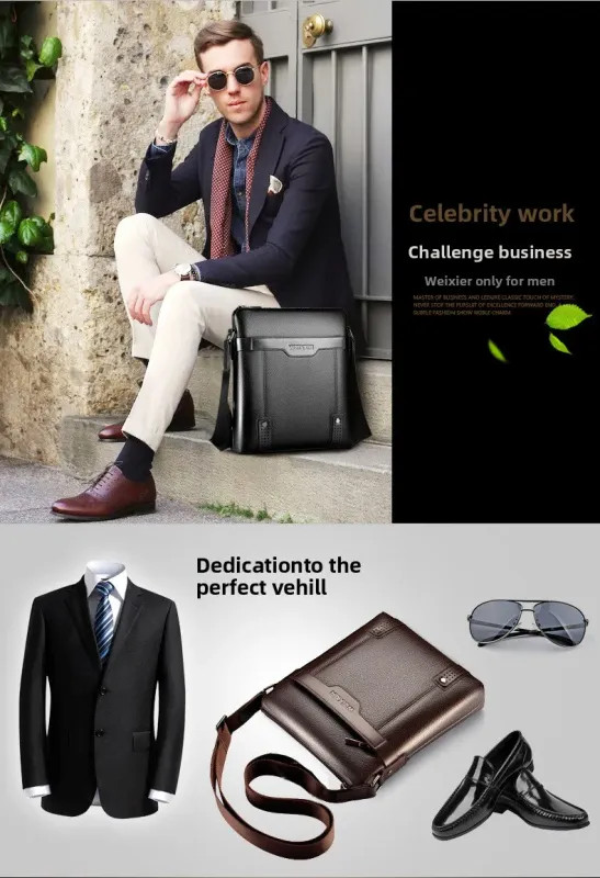 Solid Color Black Brown Leather Men’s Crossbody Bag, Casual Large Capacity.
