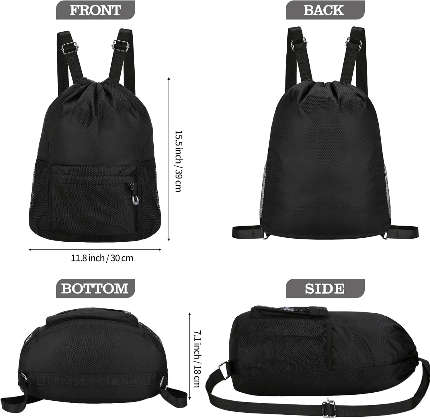 Waterproof Drawstring Bag, Lightweight String Backpack with Water Bottle Holder