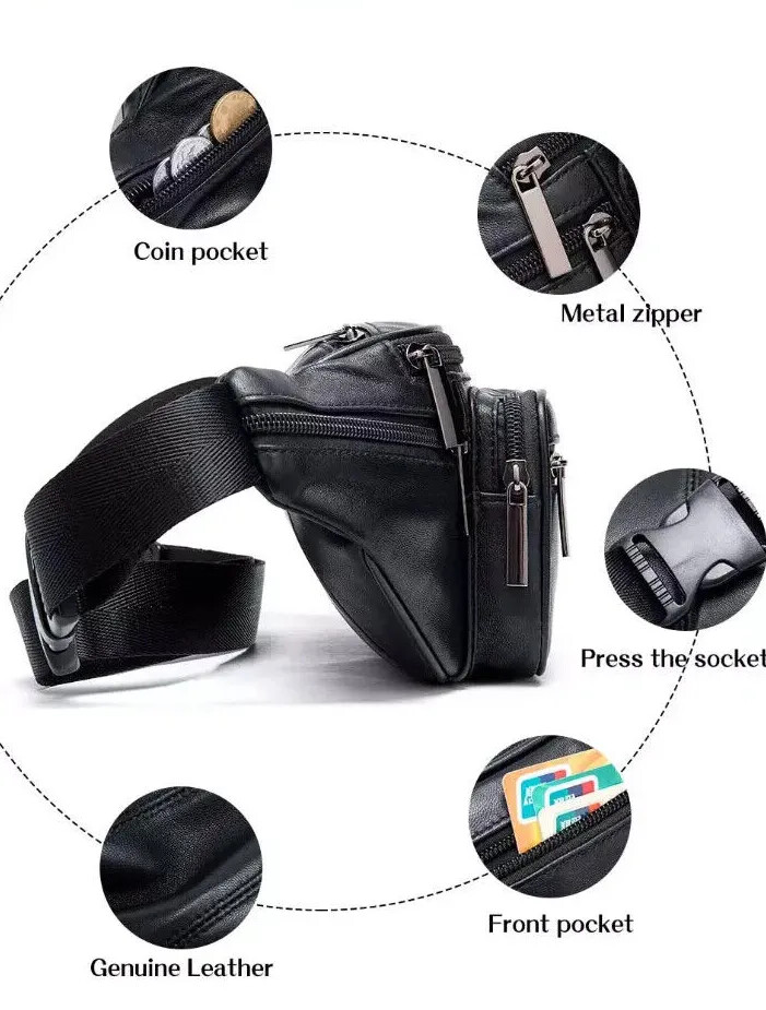 Genuine Leather Fanny Pack Multi Zippered Sports Hip Waist Bag Belt Purse Pouch