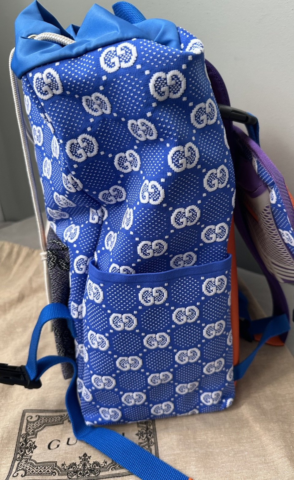 Gucci GG Allover Jersey Backpack w/ Detachable Front Panel Blue/Purple Authentic