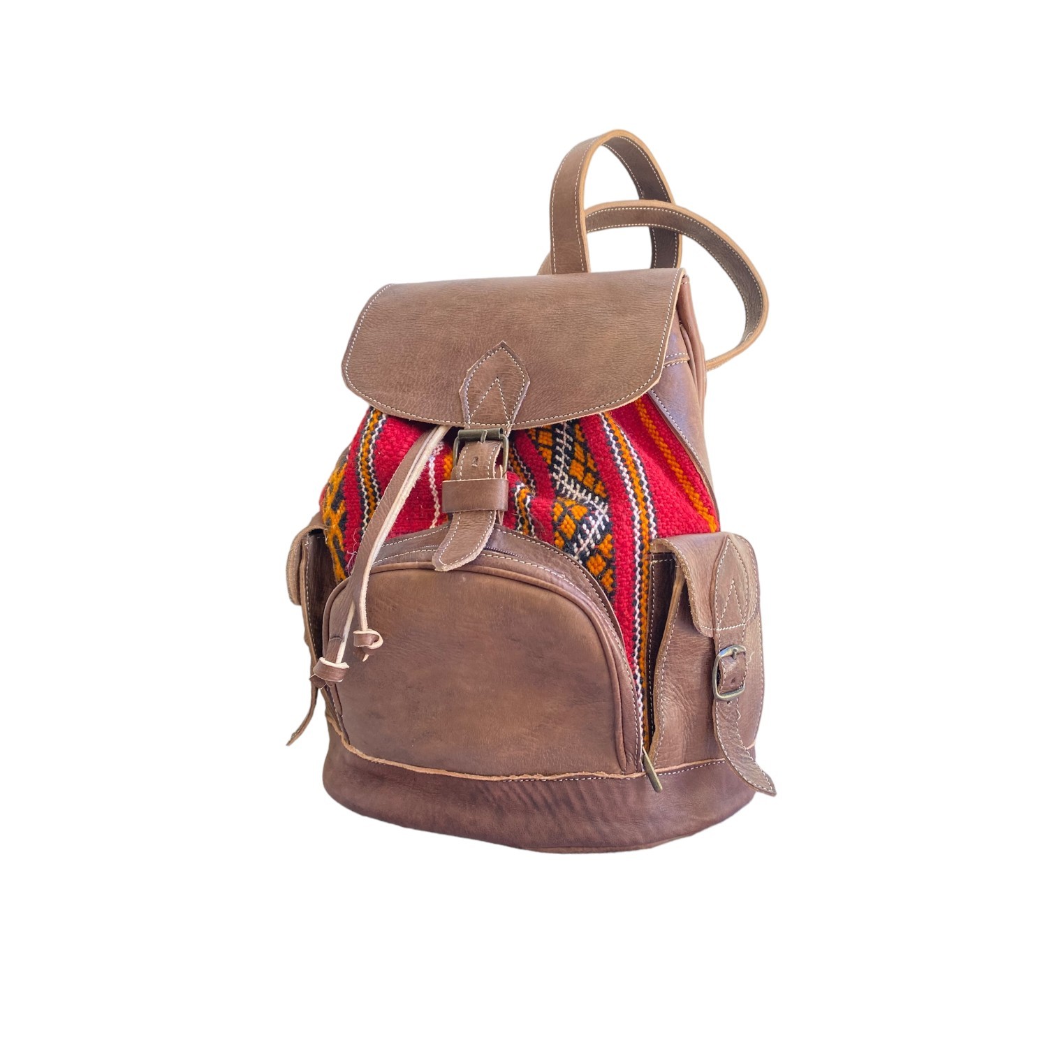 Brown Leather Kilim Backpack Red Handmade Morocco 2 Zip Pockets Artisan