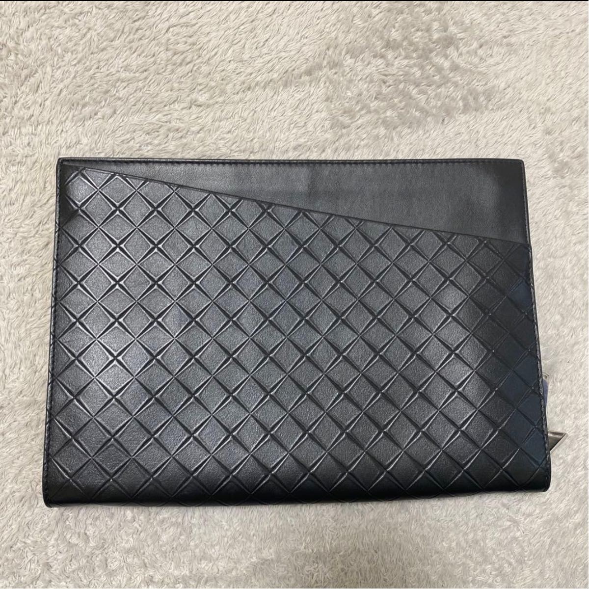 BOTTEGA VENETA Intrecciato Clutch Bag Second Bag Leather Black 28×20cm