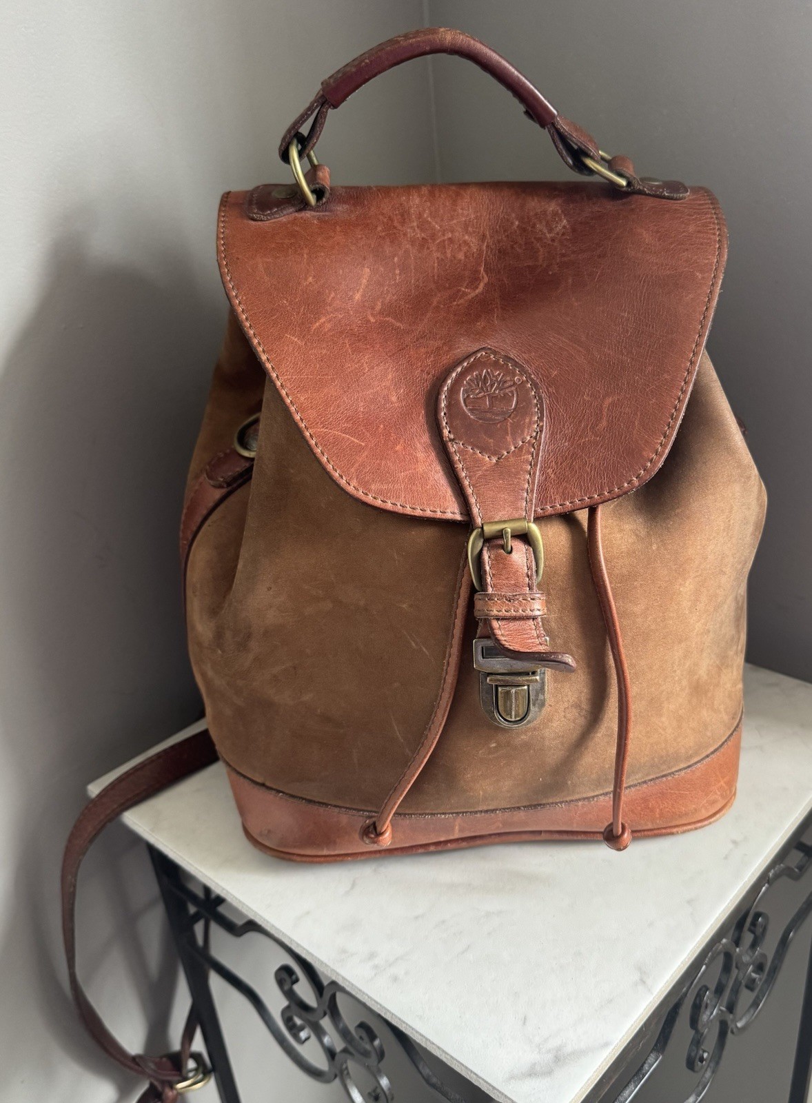 Vtg 90’s Timberland LEATHER Suede Drawstring Rucksack Bag Backpack Made In USA
