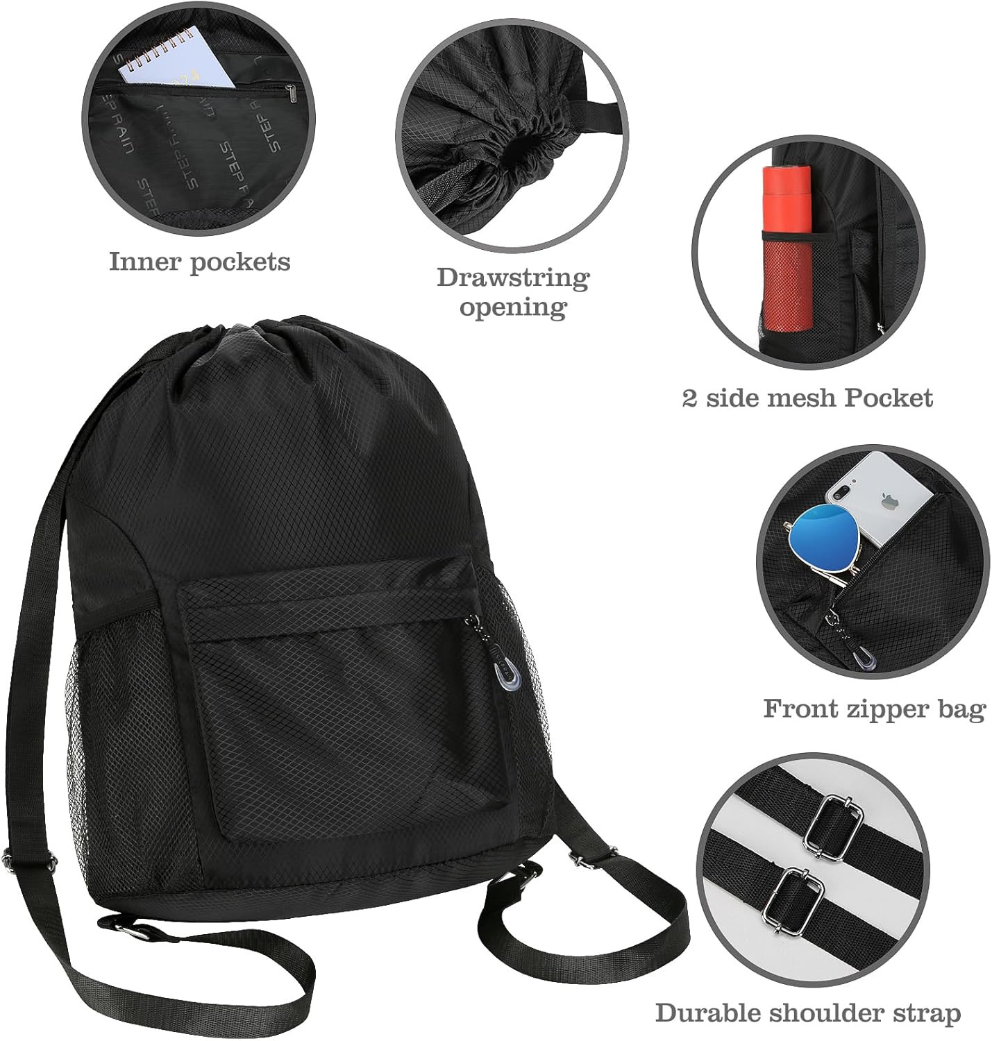 Waterproof Drawstring Bag, Lightweight String Backpack with Water Bottle Holder