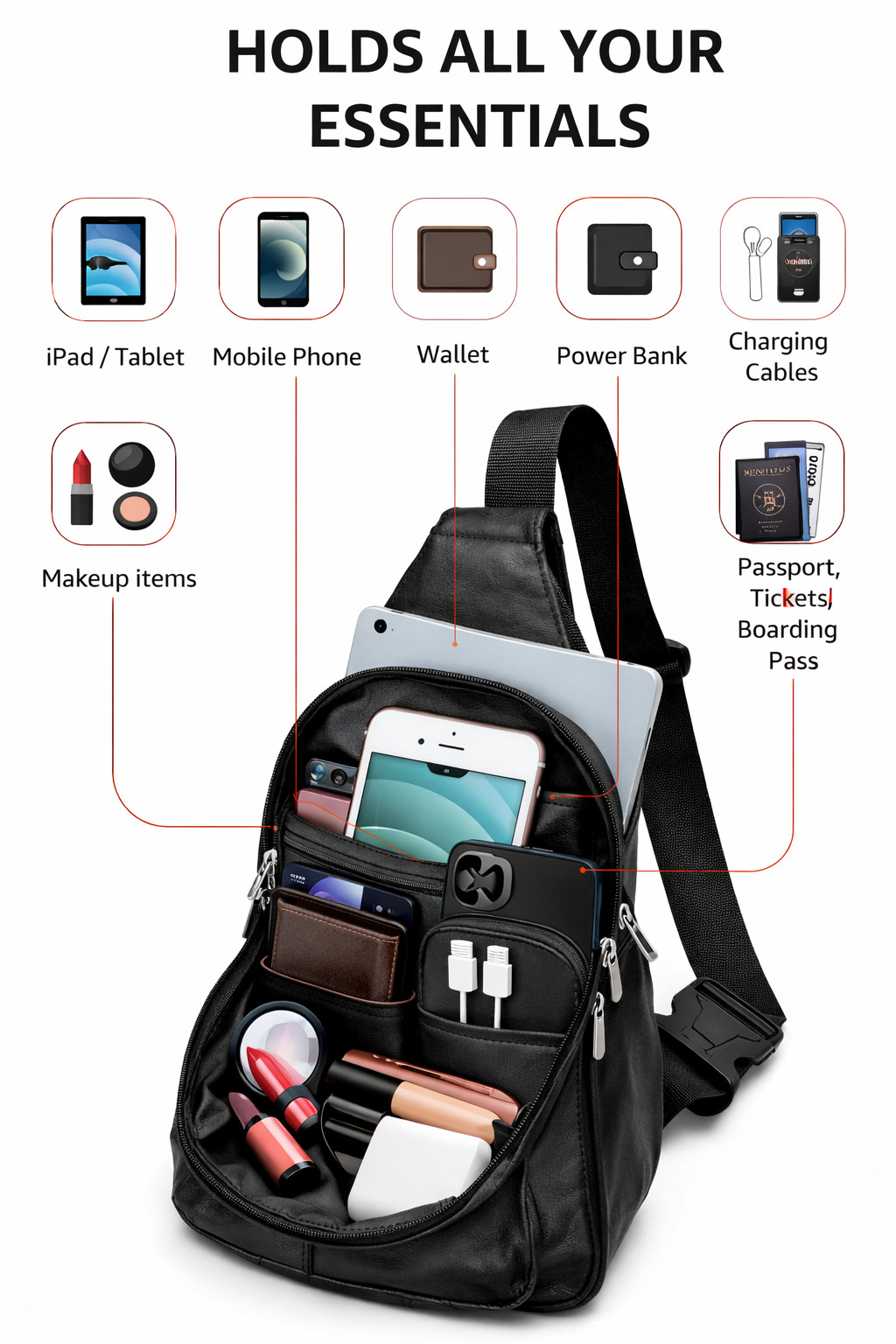 Generic Unisex Full Grain Genuine Leather Crossbody Sling Backpack, Sling Bag