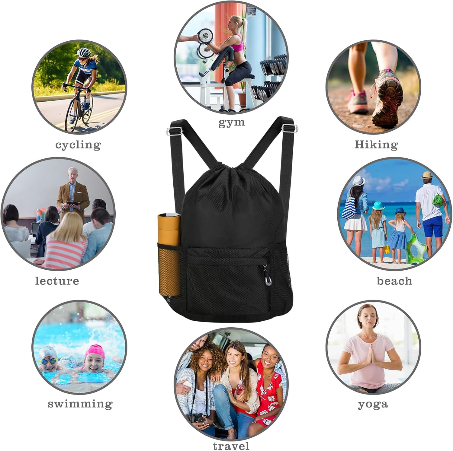 Waterproof Drawstring Bag, Lightweight String Backpack with Water Bottle Holder