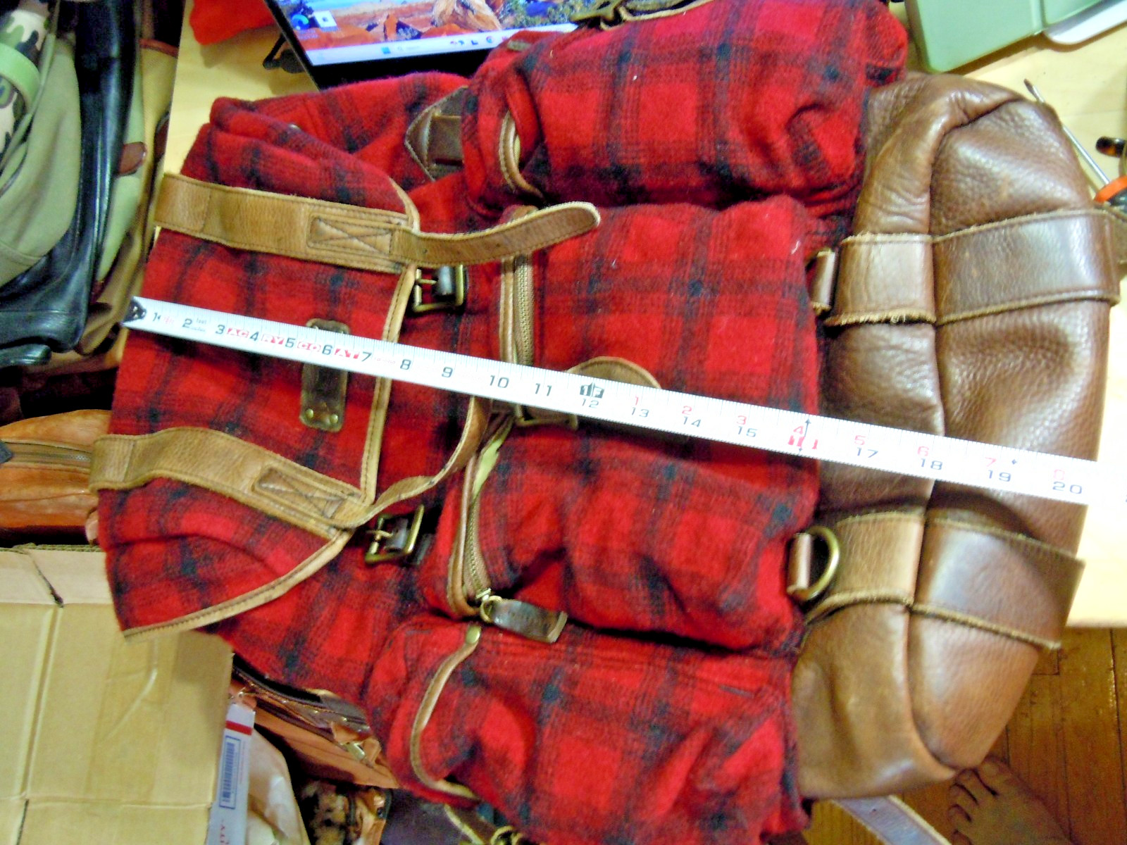 VTG LL Bean BACKPACK RUCKSACK wood Plaid Brown LEATHER Large “. #9