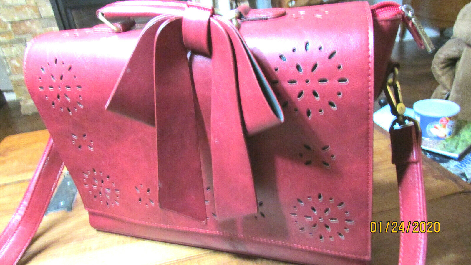 ECOSUSI RED DETACHABLE BOW BRIEFCASE LAPTOP CASE MESSENGER BAG VEGAN LEATHER