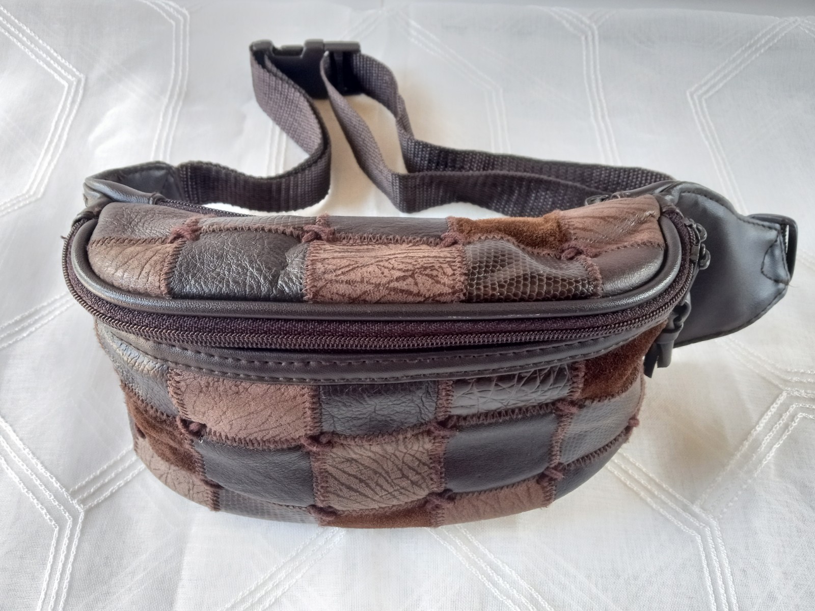 Vintage Brown Genuine Leather Patchwork Belt Bag Fanny Pack W/ Adjustable Strap