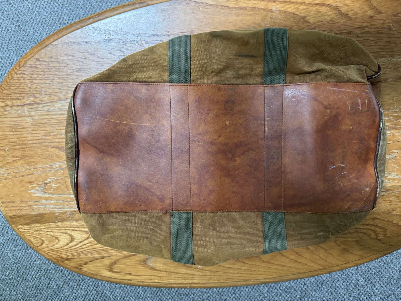 Vintage 70s LL Bean Leather Bottom Canvas Duffle Bag Sportsman Script Tag USA