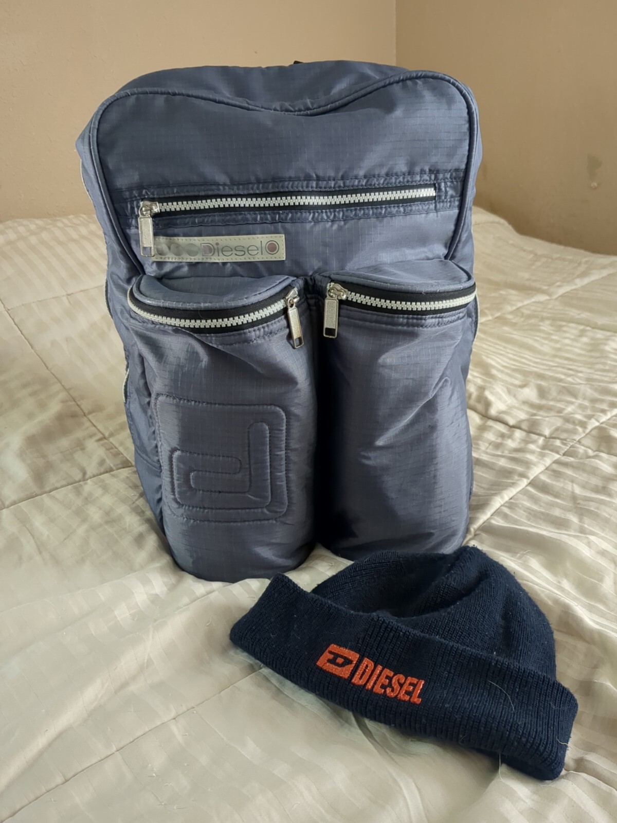 Vintage Diesel Blue Backpack And Blue Knit Diesel Beanie