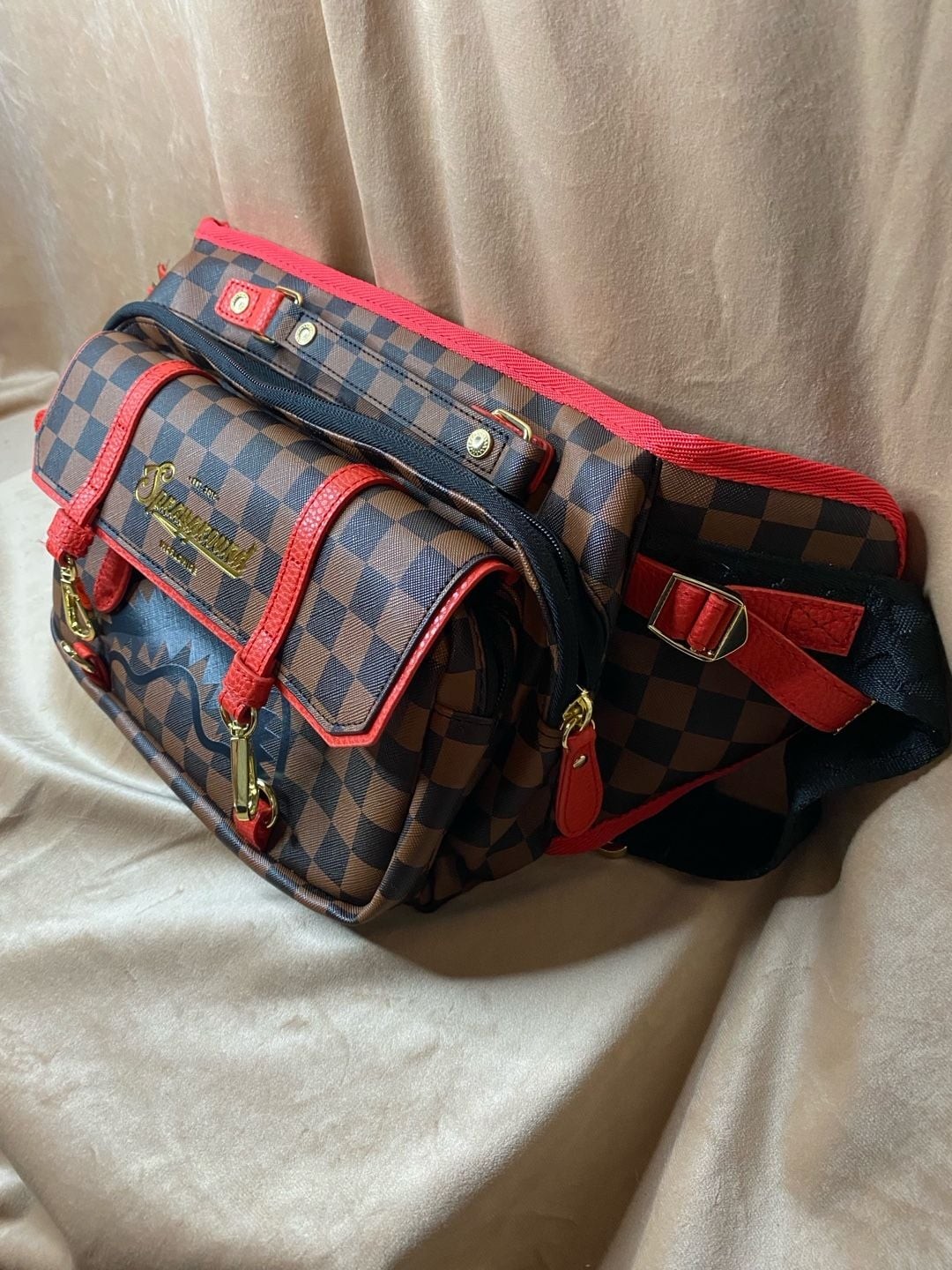 Sprayground Limited Edition Brown Checkered Shark Mouth Crossbody Bag