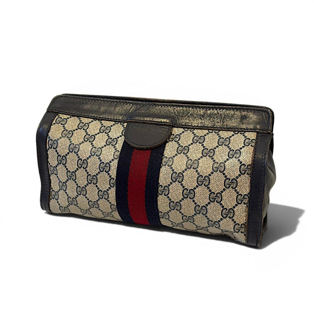 GUCCI Vintage Sherry Line GG Clutch Bag Unisex Leather 28cm B Grade