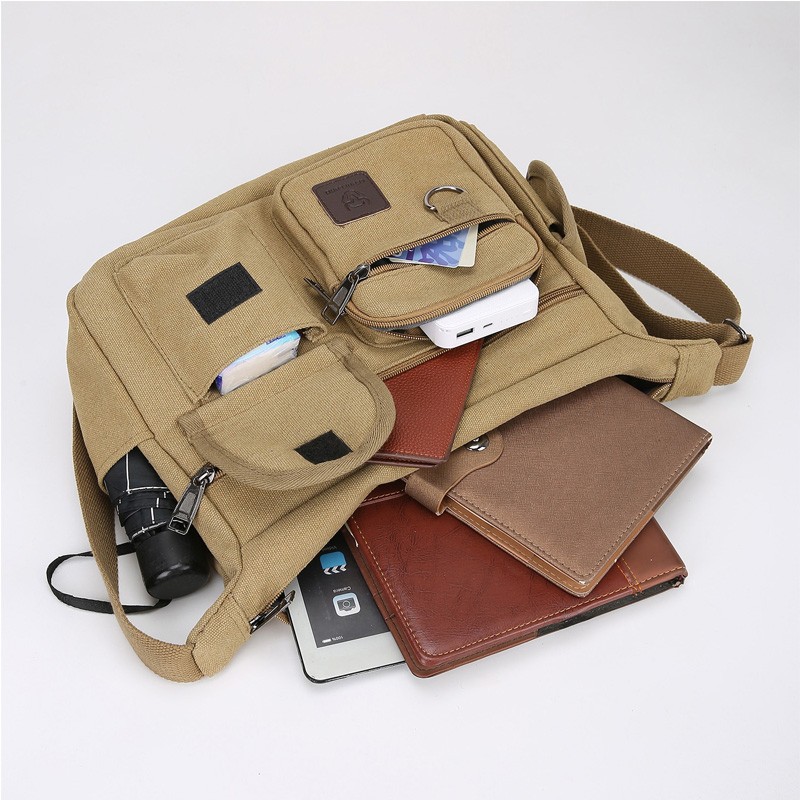 Men’s Canvas Shoulder Crossbody Bag Casual Work Travel Multi-Pocket Satchel