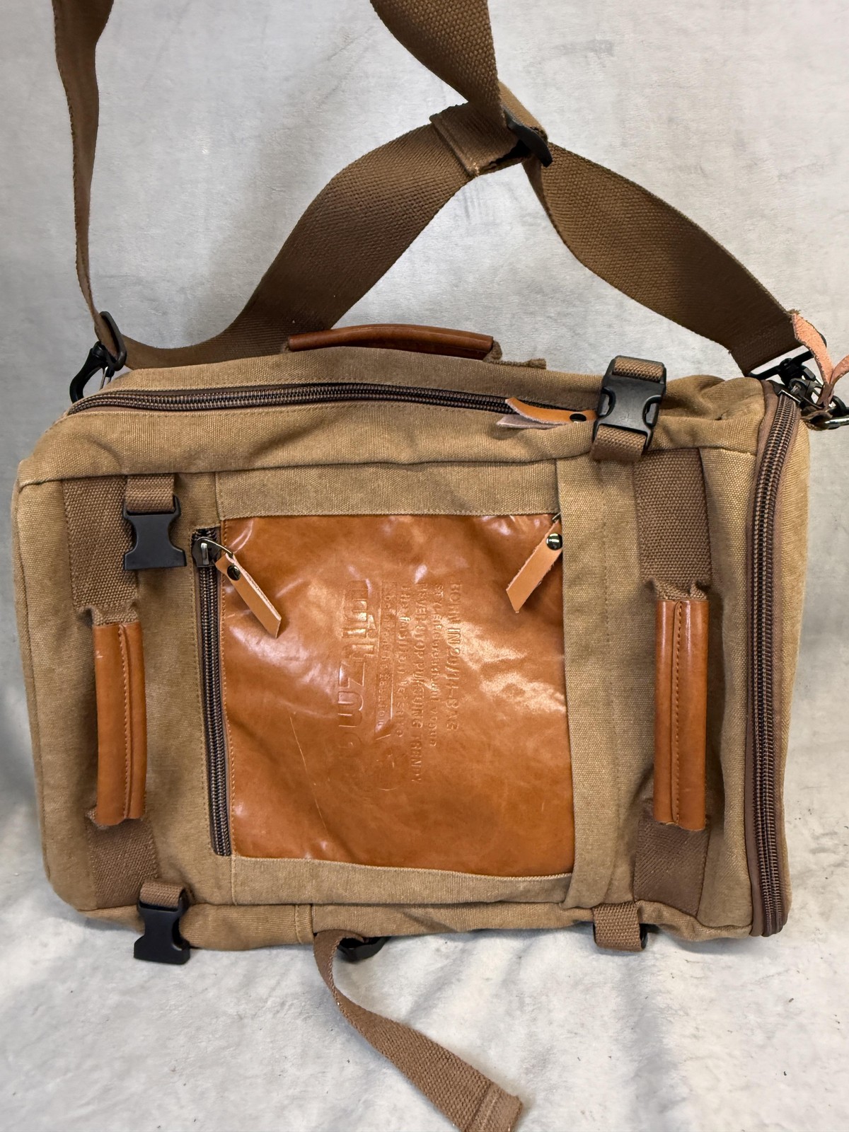 Witzman Backpack Mens Large Brown Canvas Faux Leather Convertible Travel Bag