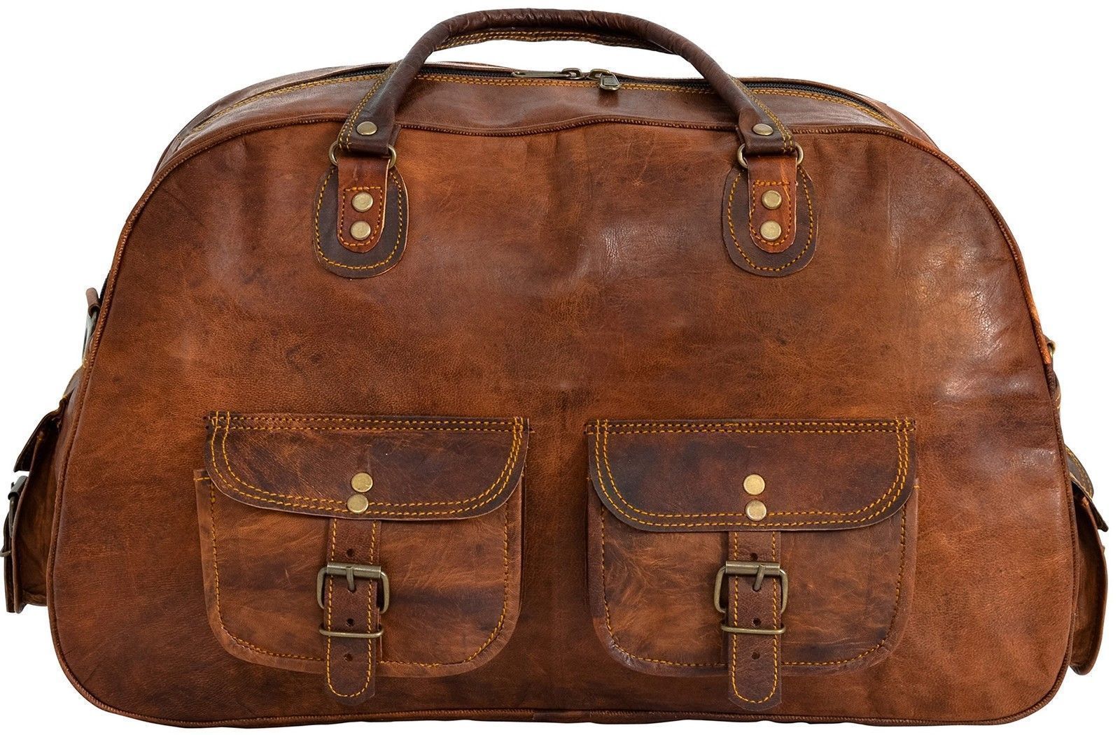 Men’s Brown Genuine Goat Leather 40cm Travel Luggage Duffle Gym Overnight Bag
