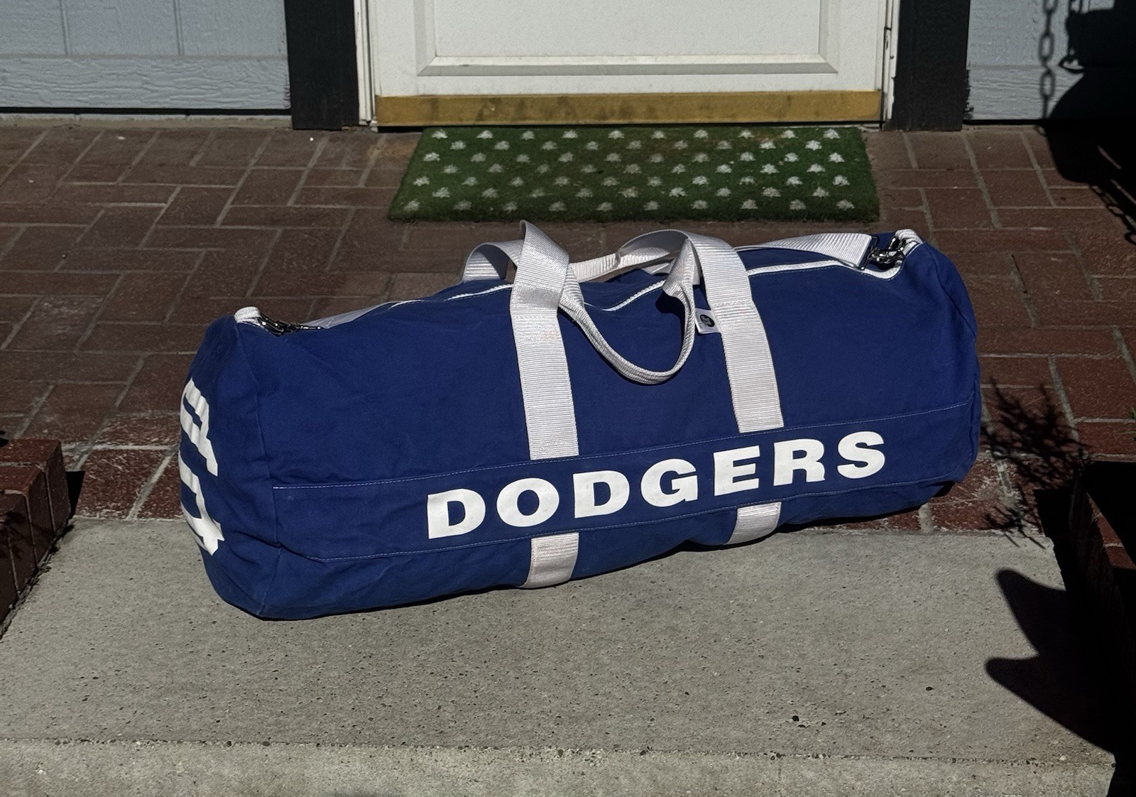 Vintage Jensen Lee USA Canvas Dodgers XL Duffel Bag Blue White 33” Baseball