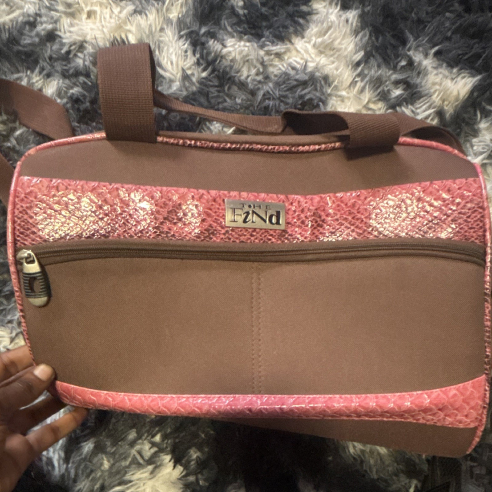 THE FIND Brown Pink Snake Print Duffel Bag with Zipper Closure