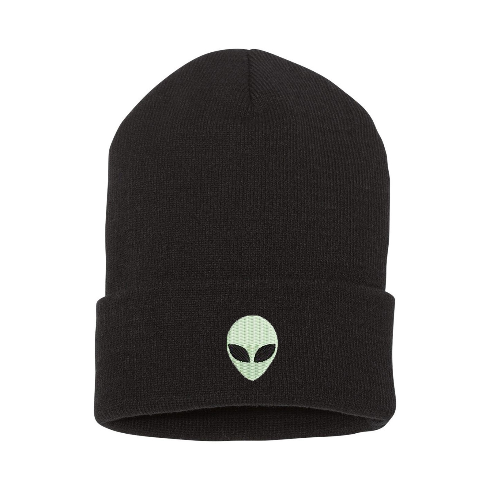 Glow in the dark beanie hat, alien embroidered with glow in the dark thread