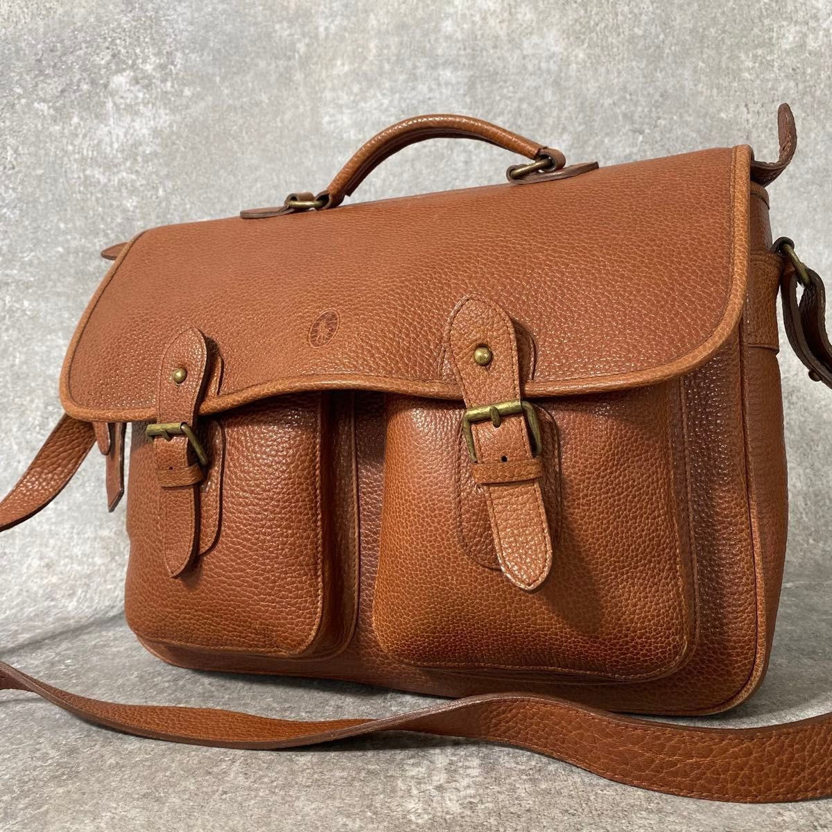 POLO Ralph Lauren Pebbled Leather 2Way Briefcase Messenger Bag Brown