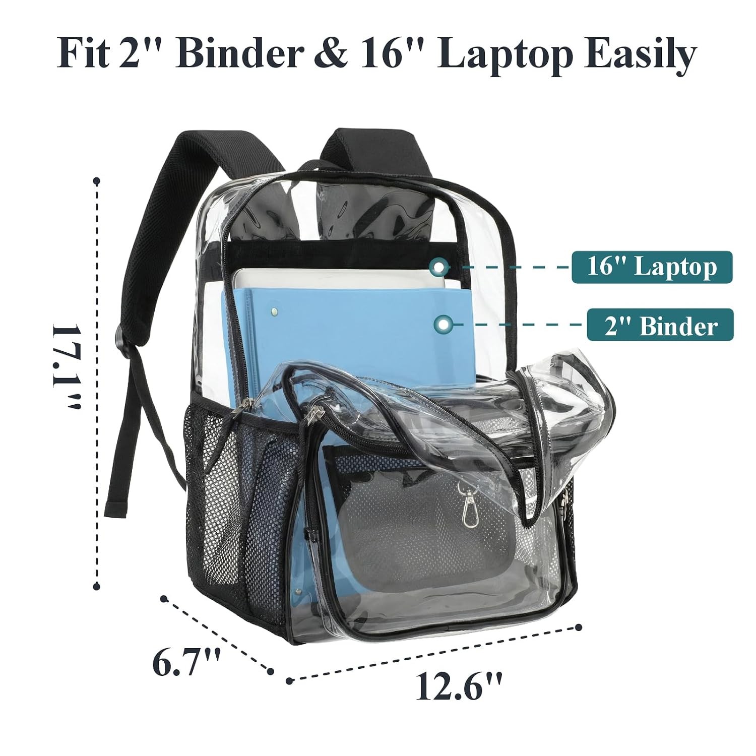 Heavy Duty Clear Backpack for School 17 inch Active Black Bookbag with 2 Front
