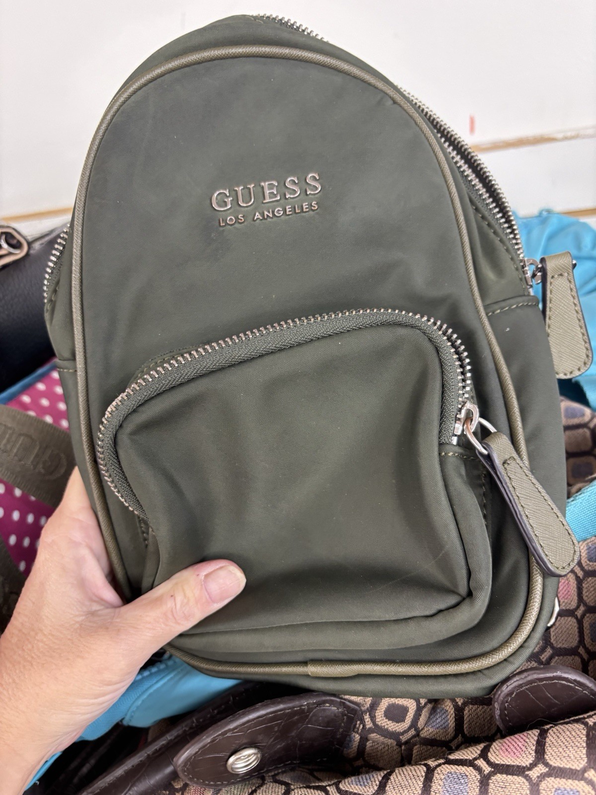 GUESS Green Solid Sling Bag, Zip Closure, Shoulder Strap, Casual Travel