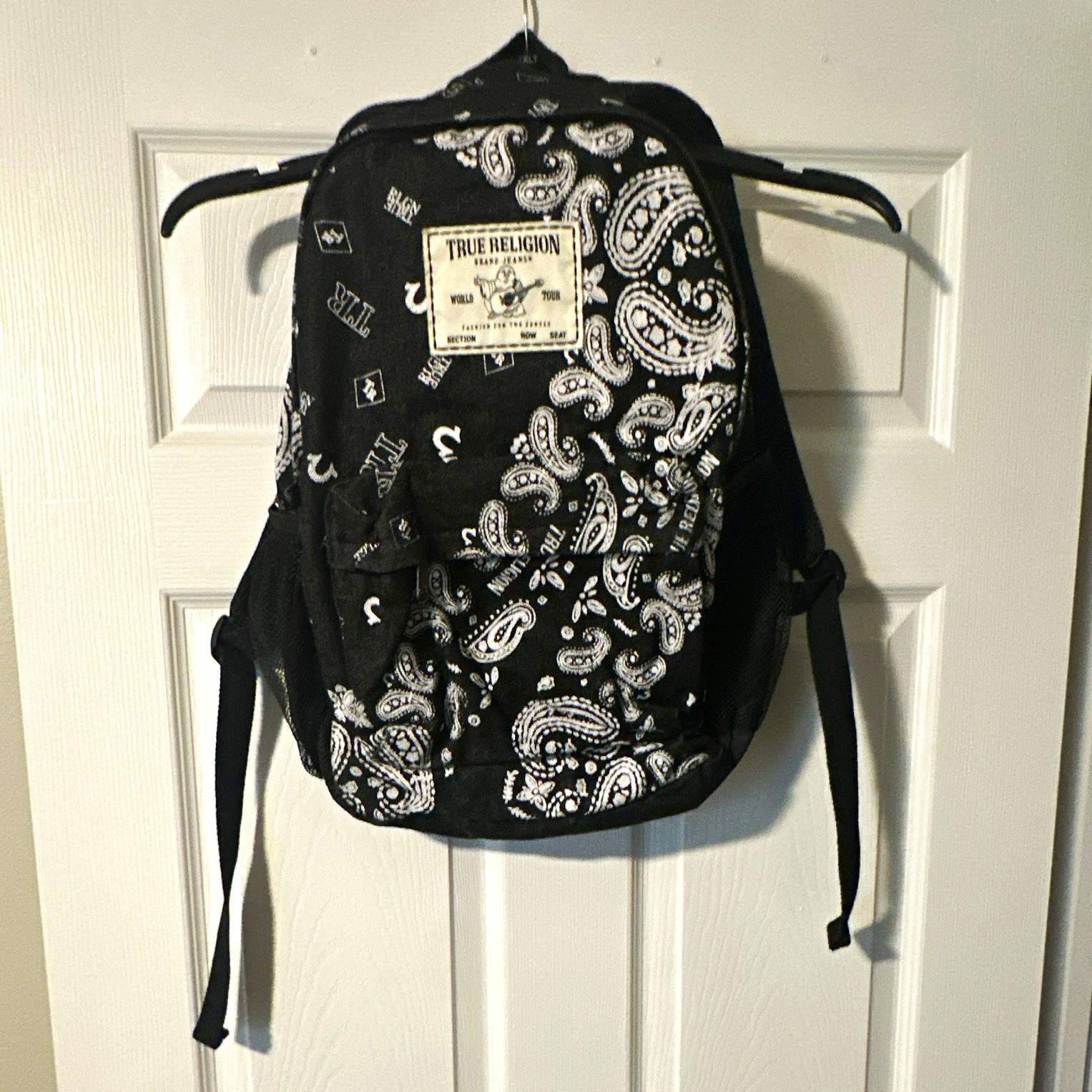 True Religion Men’s Black & White Paisley Zip Backpack Adjustable Strap
