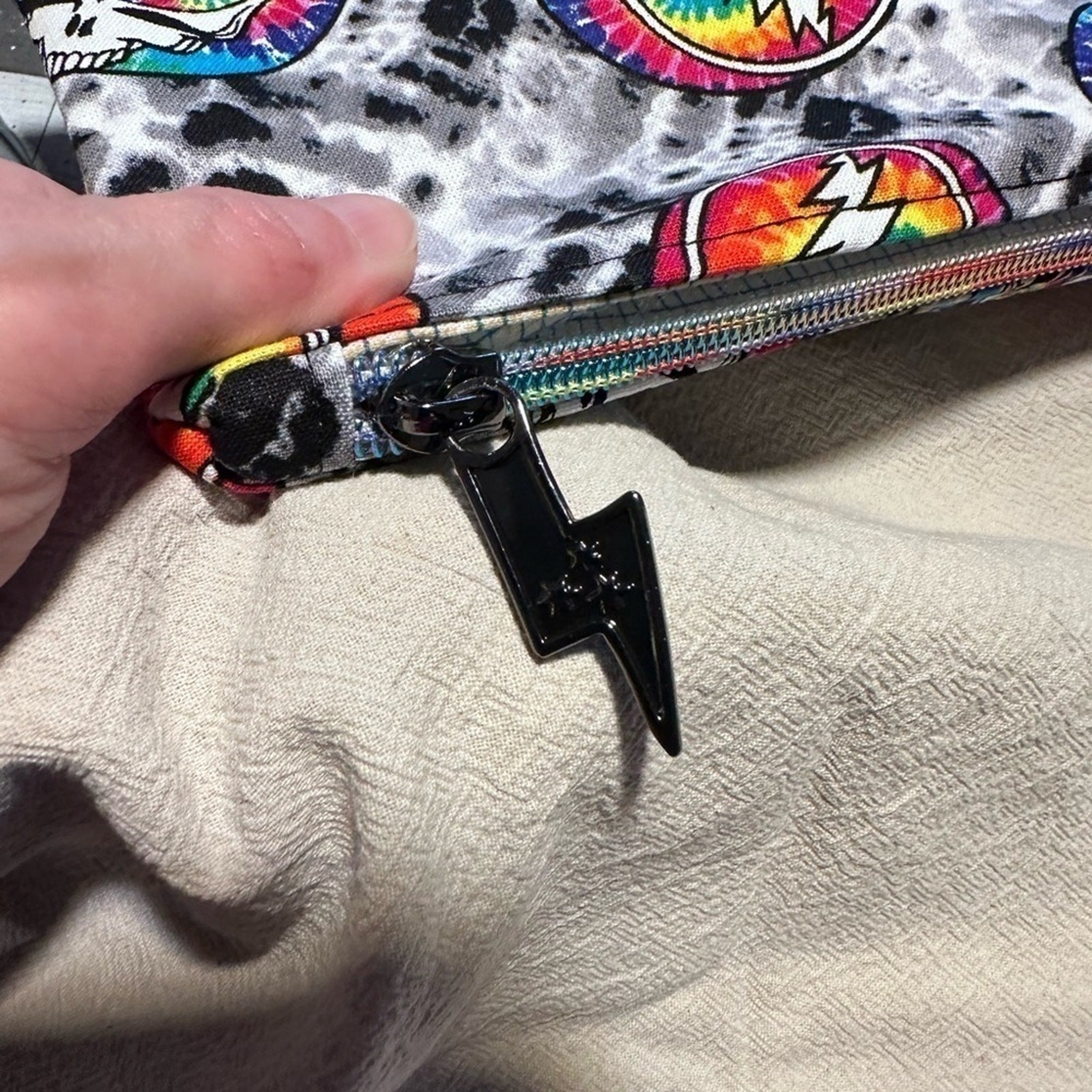 Grateful Dead lightning bolt zipper Rainbow cosmetic bag tie dye cotton