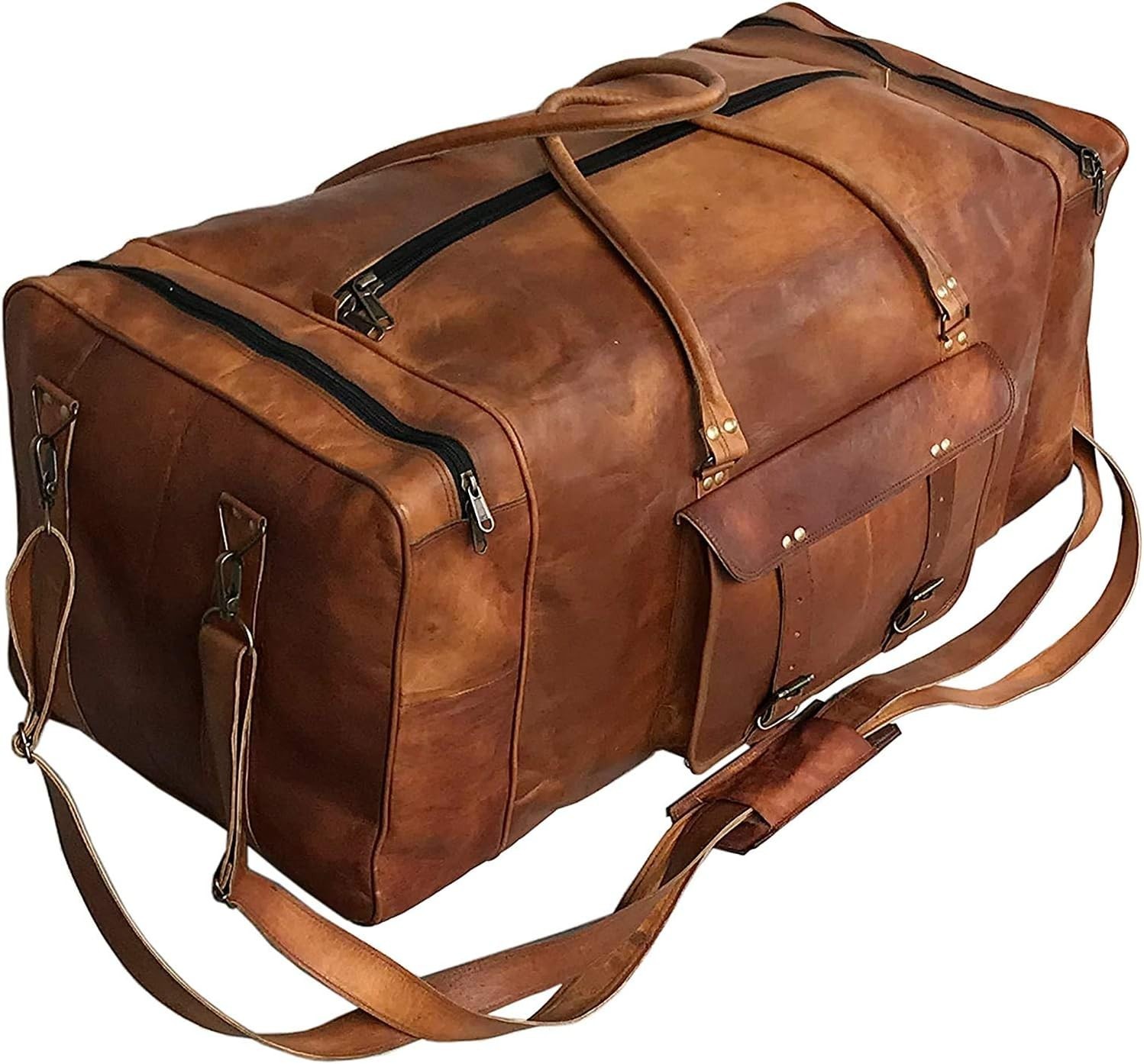 Men’s brown Leather Large Capacity Duffle Travel Gym Weekend Overnight Bag