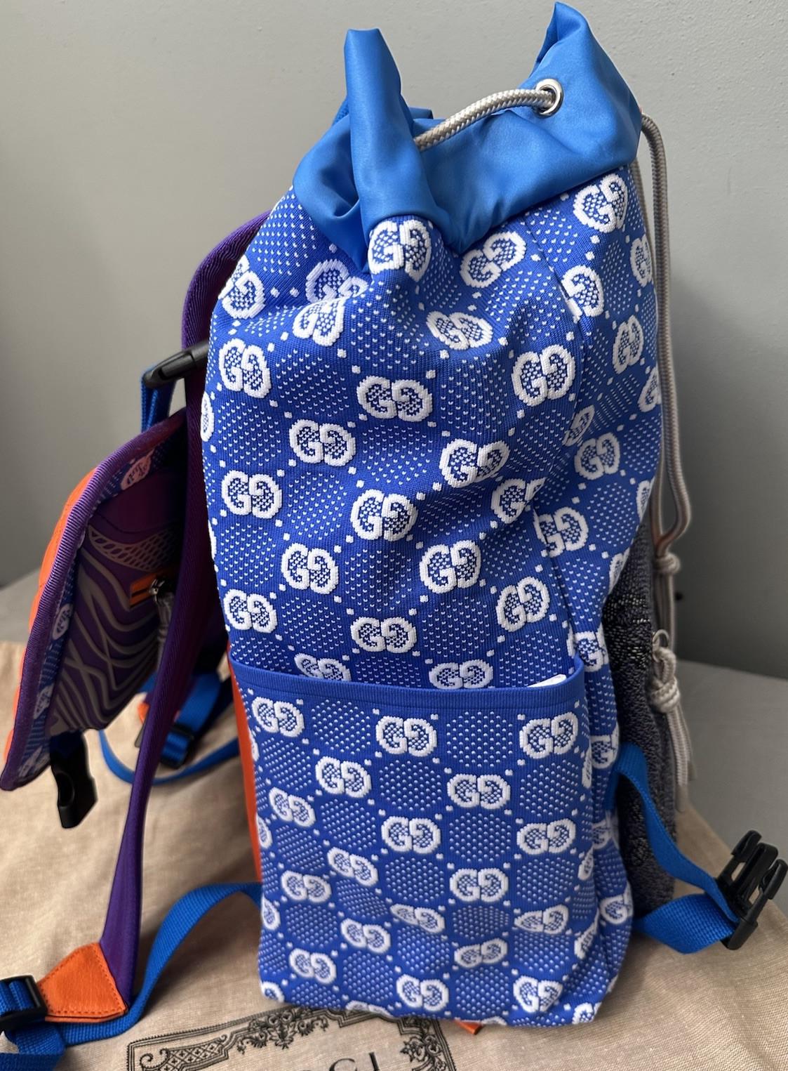 Gucci GG Allover Jersey Backpack w/ Detachable Front Panel Blue/Purple Authentic