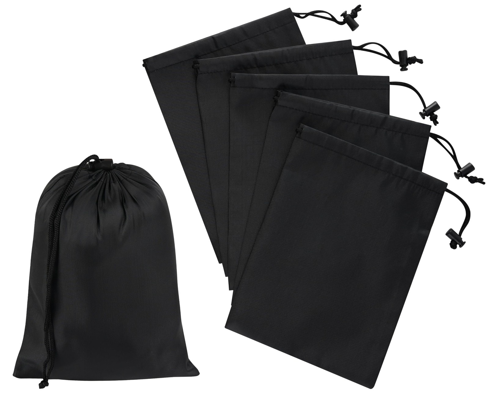 Drawstring Bag with Toggle – Nylon Cinch and Ditty Pouch – Six Pack (Black, 6 x