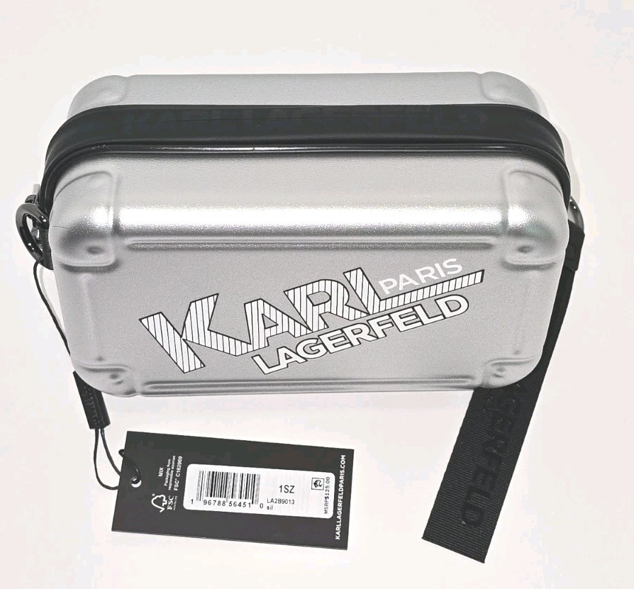 Karl Lagerfeld Paris Men’s Silver Black Gunmetal Logo Adjustable Crossbody Bag