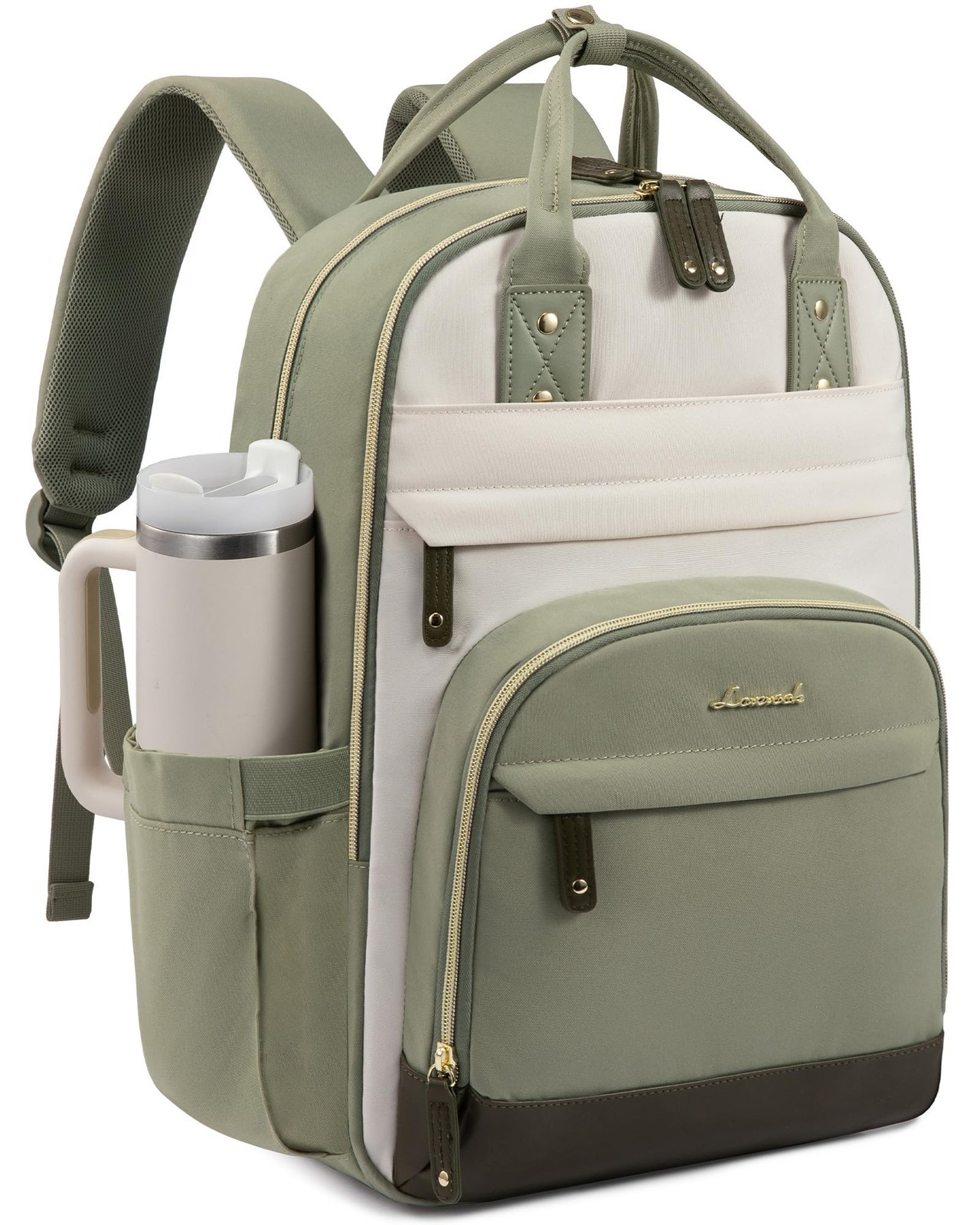 LOVEVOOK Women’s 15.6in Laptop Backpack Waterproof Cup Holder Green Beige