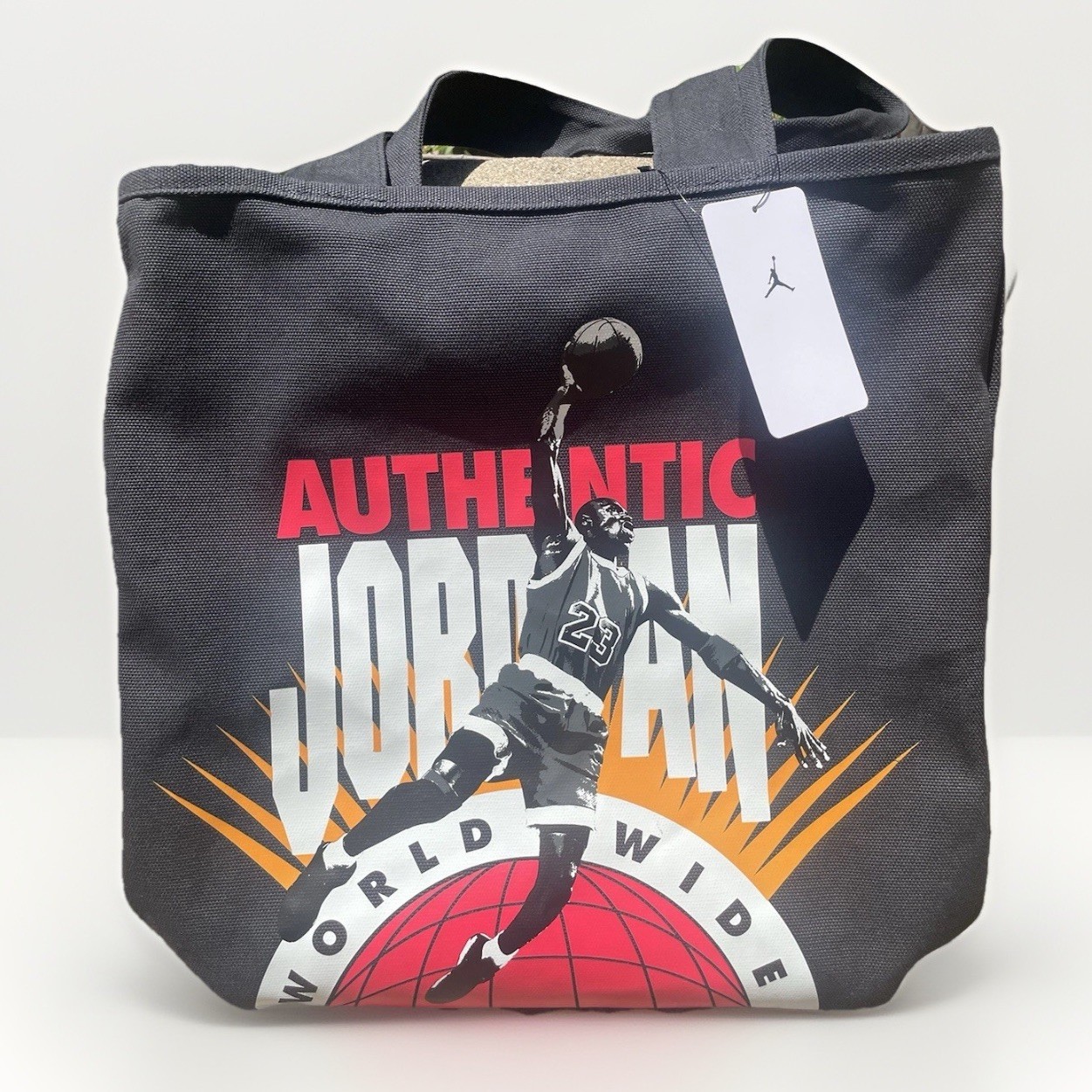 Jordan Worldwide Graphic Print Tote Bag Black Open Top Double Handles.