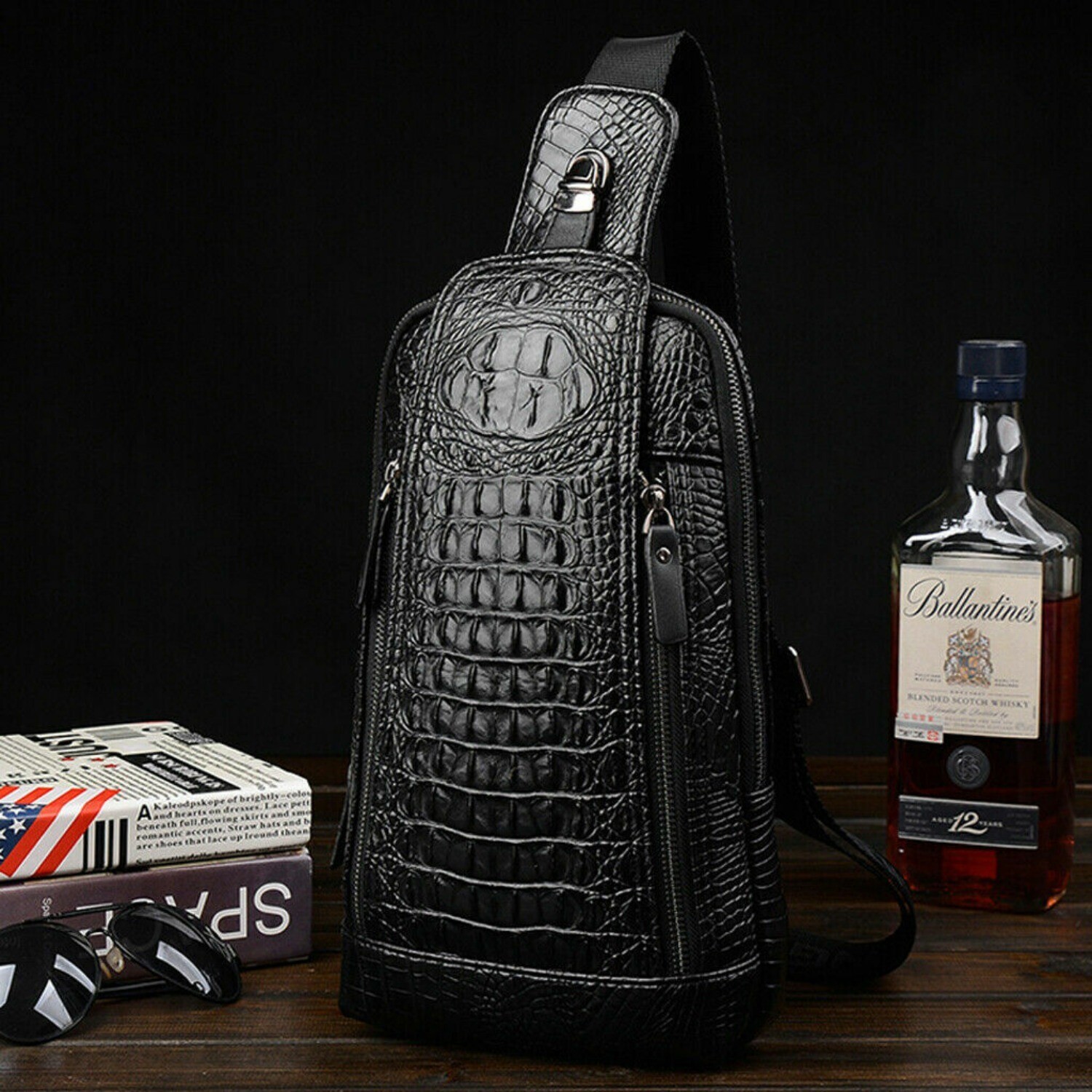Mens Sling Backpack Leather Crocodile Crossbody Bag Chest Sling Bag Travel Bag