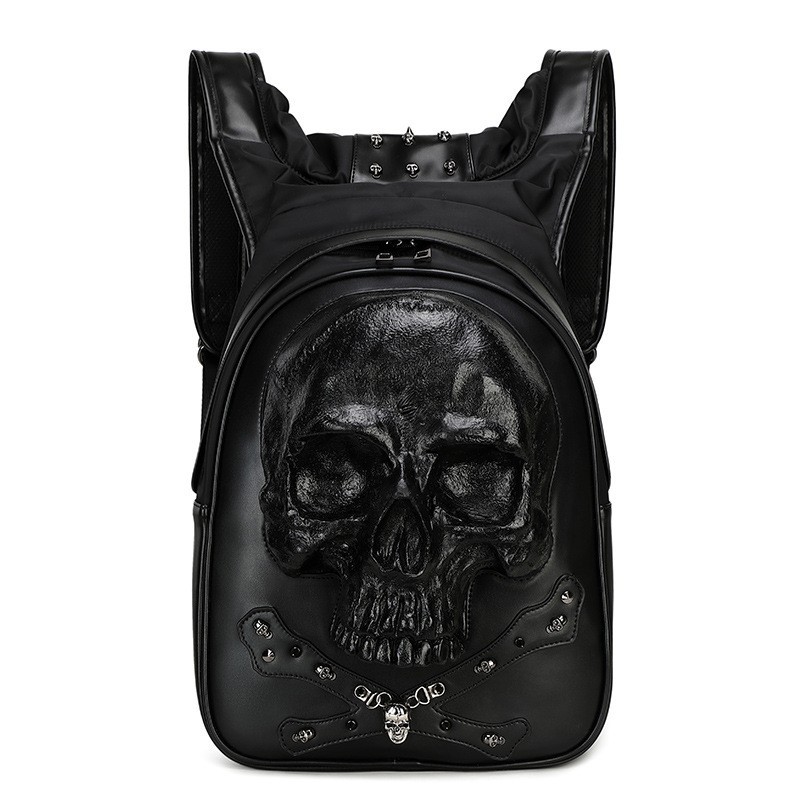 Men＆Women Vintage Gothic Style Design Rivet Inlay Skull Leather Hooded Backpack
