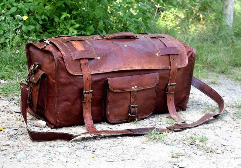 Men’s Travel Luggage Handmade Vintage Goat Leather Duffel Brown Weekend Gym Bag