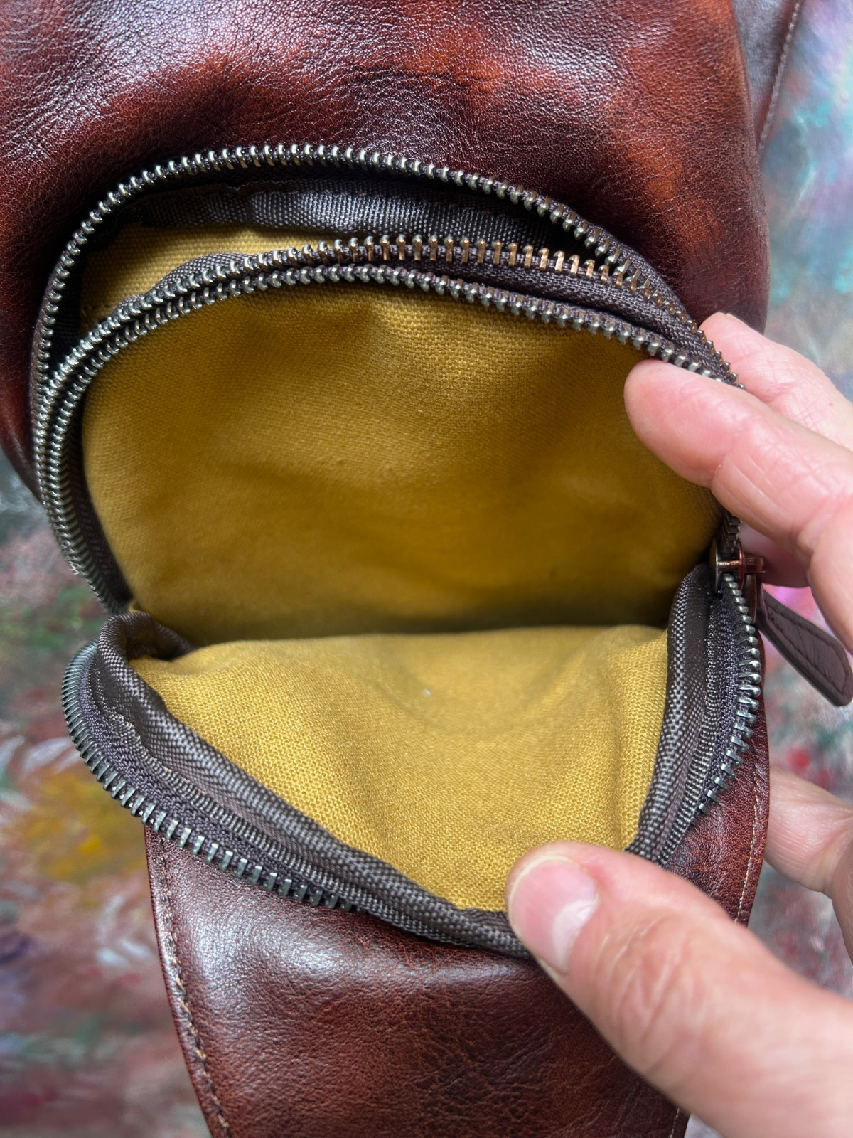 Reddish Brown Leather Sling Bag, Multi-Compartment, Medium Size, Unbranded