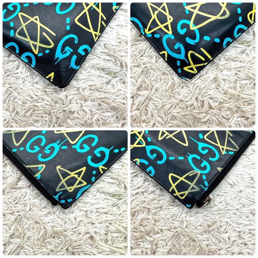 GUCCI Ghost Clutch Bag Leather Black Blue Men Women Authentic 20x29cm