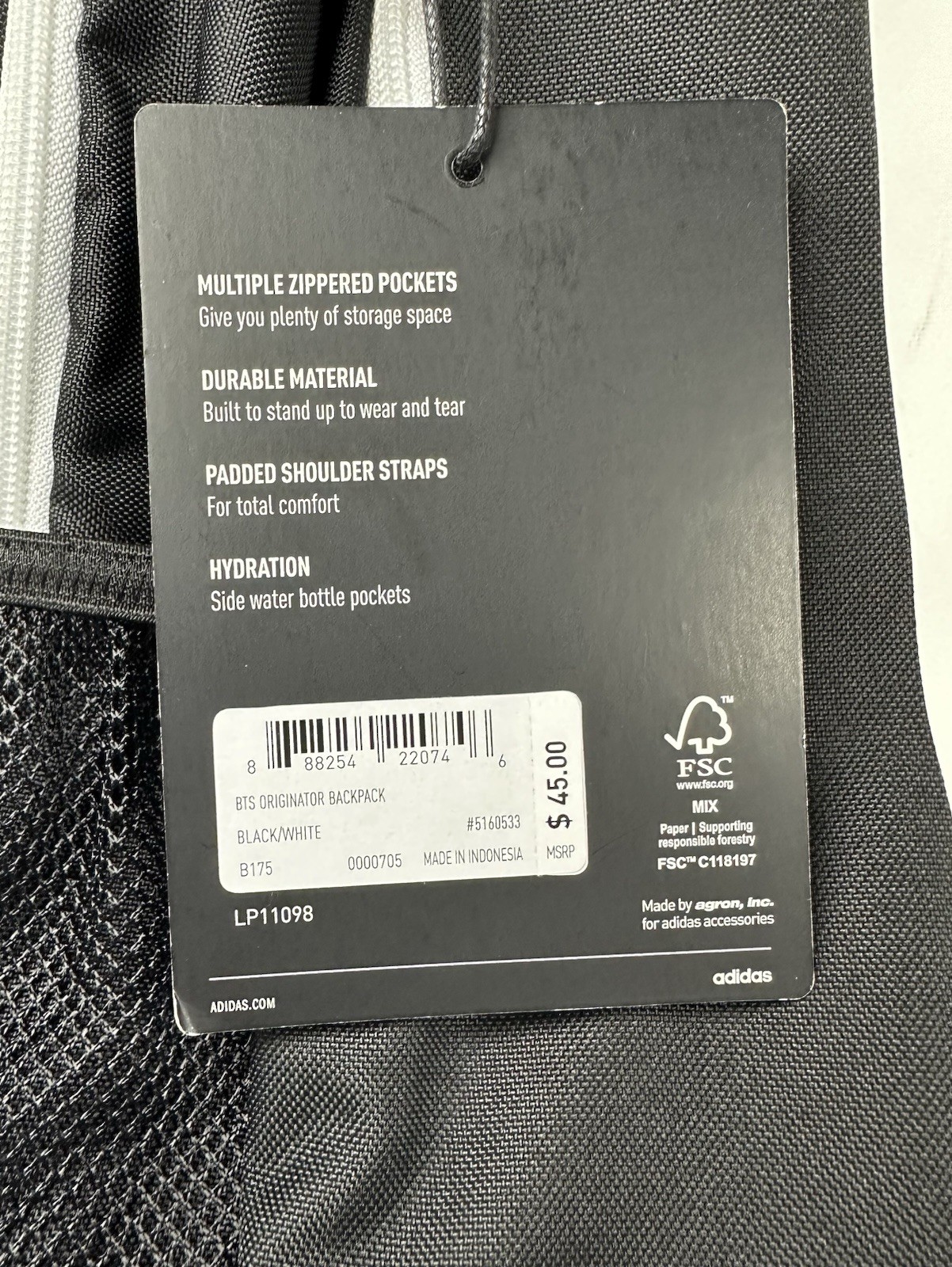 adidas BTS Originator Backpack Black/White 3-Stripes Zip Pockets Medium
