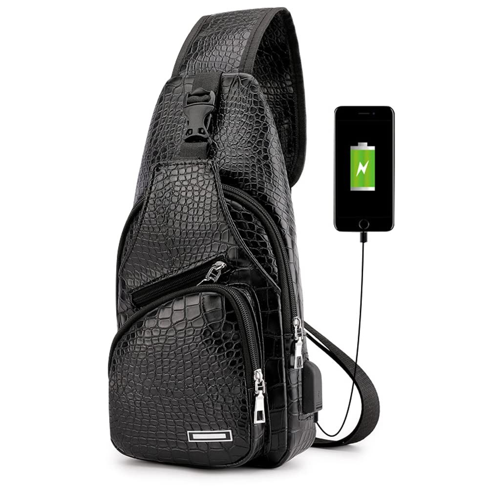 Leather Sling Bag Mens Crossbody Chest Bag Sling Backpack for Men with USB Ch…