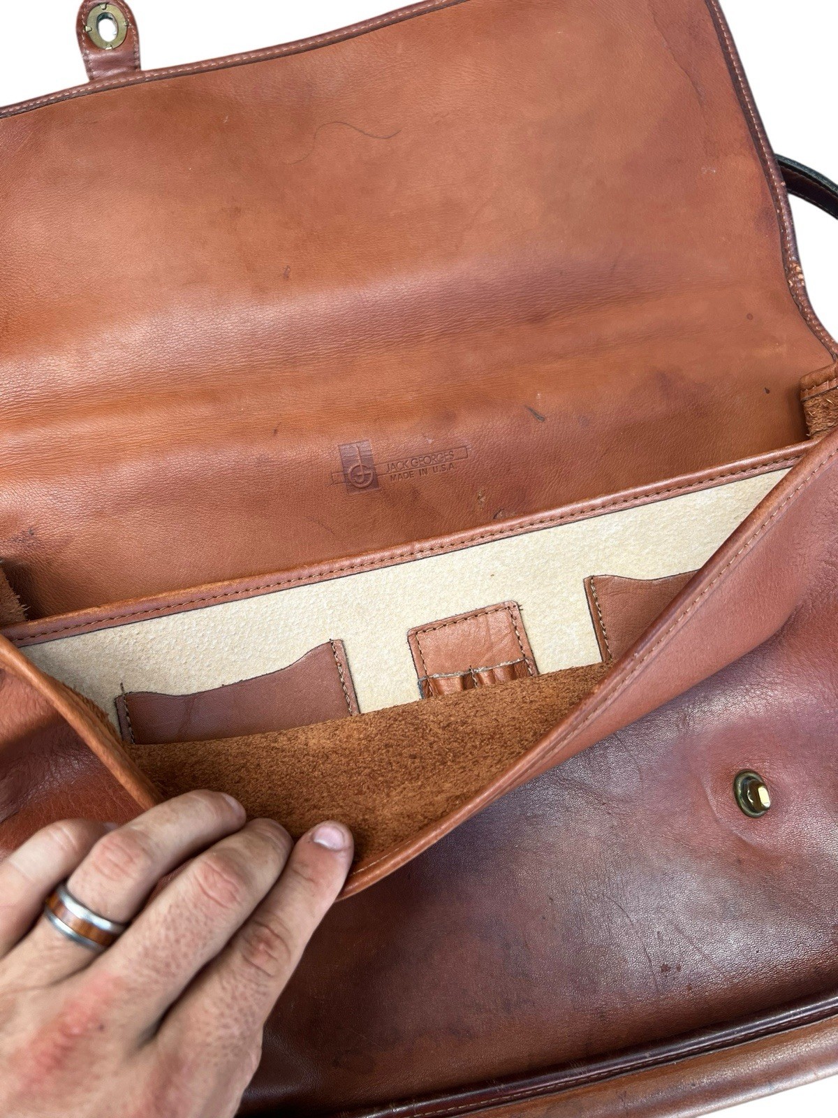 Vintage Jack George Brown Worn Leather Turn Lock Briefcase! 16x12x5in