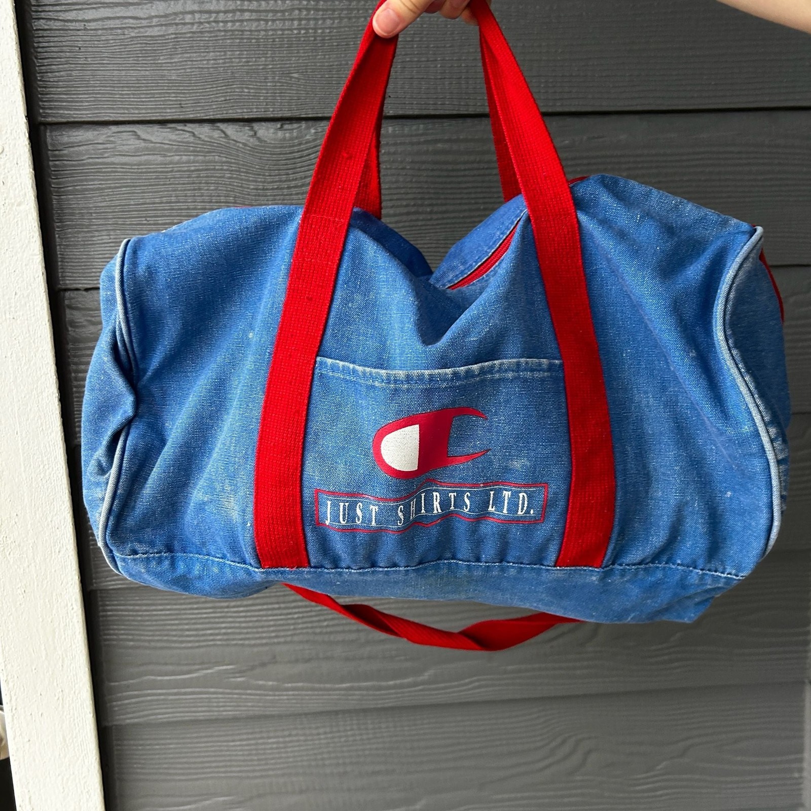 Vintage Champion “Just Shirts Ltd.” Blue and Red Canvas Duffle Bag
