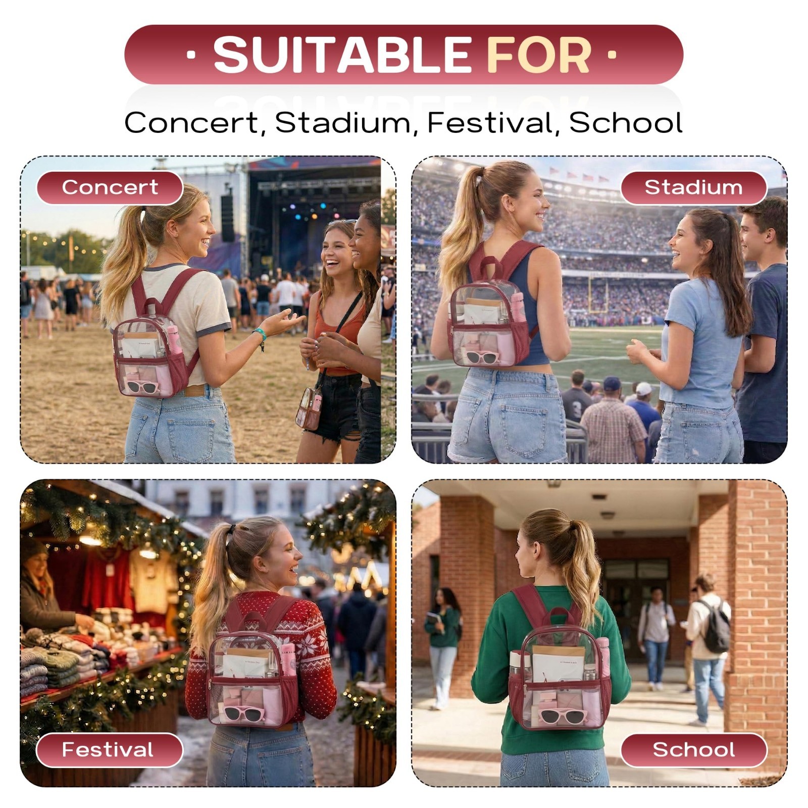 Clear Stadium Approved Backpack – Transparent Small Bag for Concerts, Sports, Fe