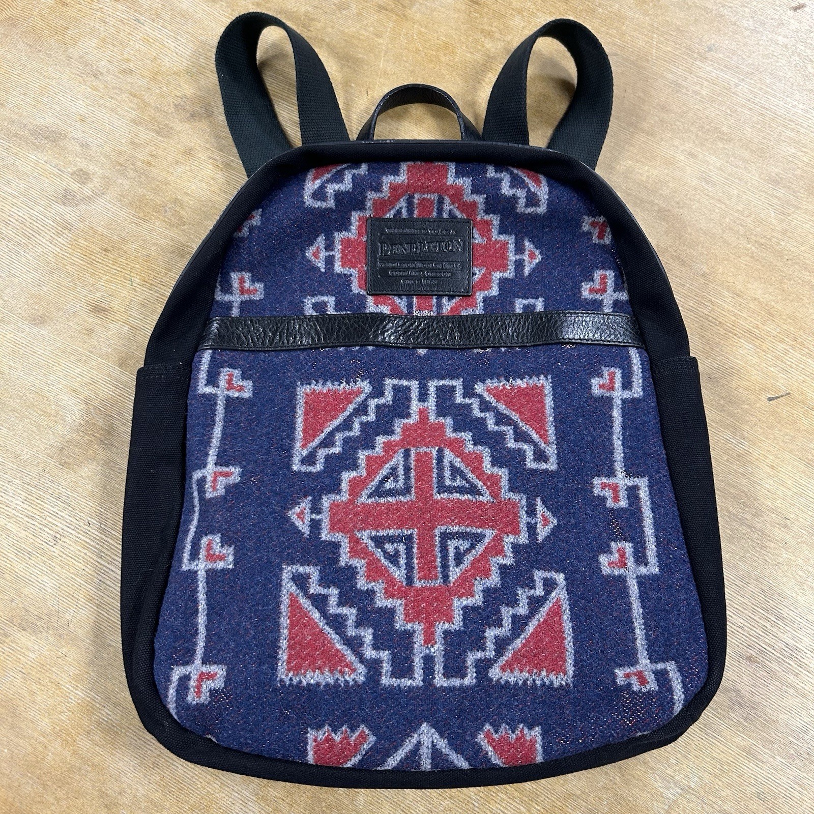 Pendleton Indian Blanket Blue Red Aztec Pattern Wool Canvas Backpack Black Adult