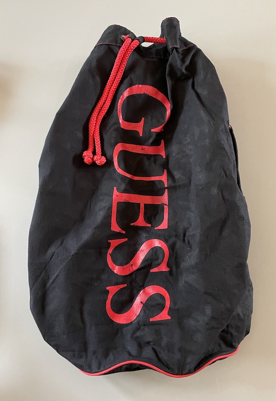 Vintage 90s Guess Marciano Black Red Canvas Drawstring Duffel Sports Bag