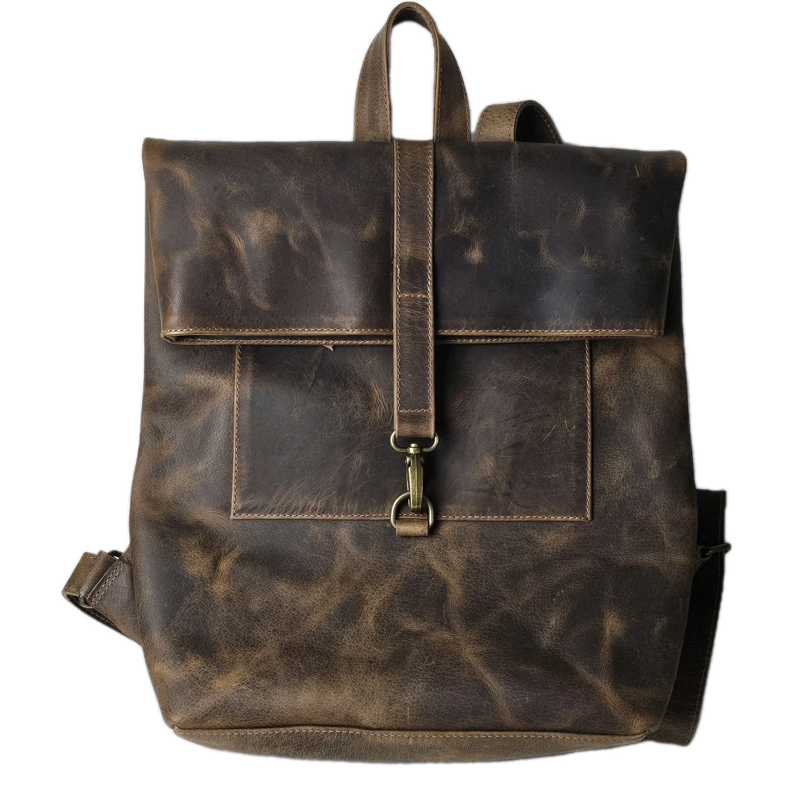 Full-Grain Leather Roll Top Backpack Handcrafted Rustic Brown Artisan Backpack